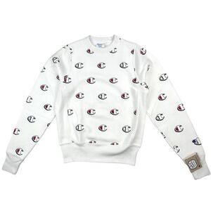 New Champion Men US XS White Sweatshirt Long Sleeve Crew Neck Logo Pullover 